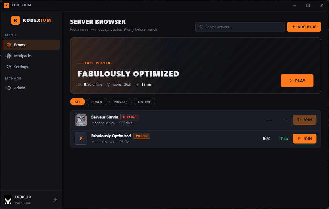 The Kodexium server browser showing two modded servers with live ping and player counts