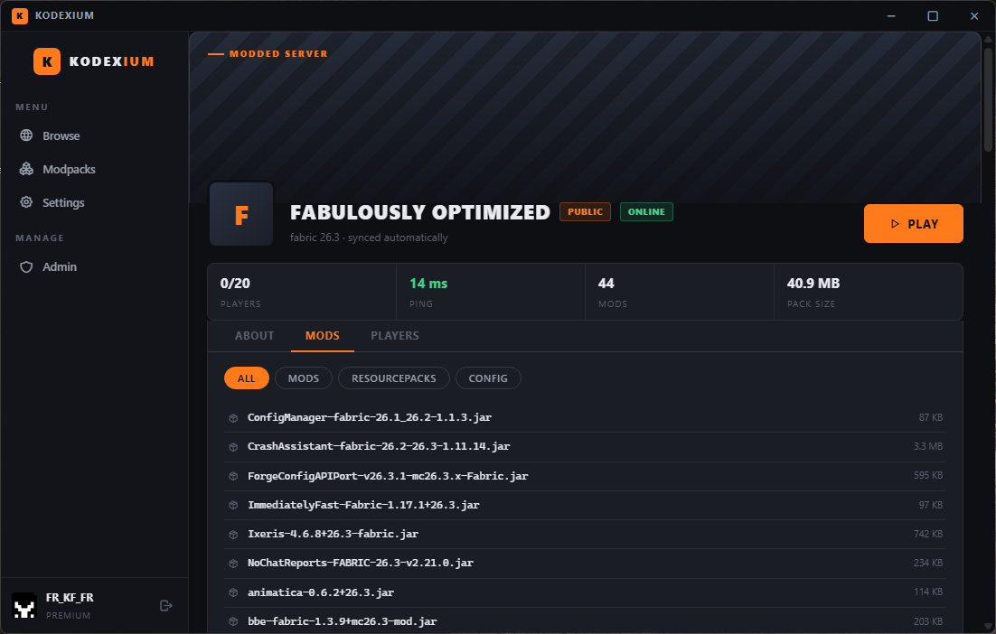 A server page in Kodexium listing the synced mods with player count, ping, mod count and pack size